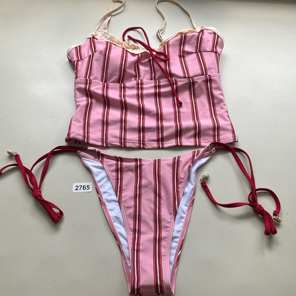 Chic Pink and Red Striped Bikini Set